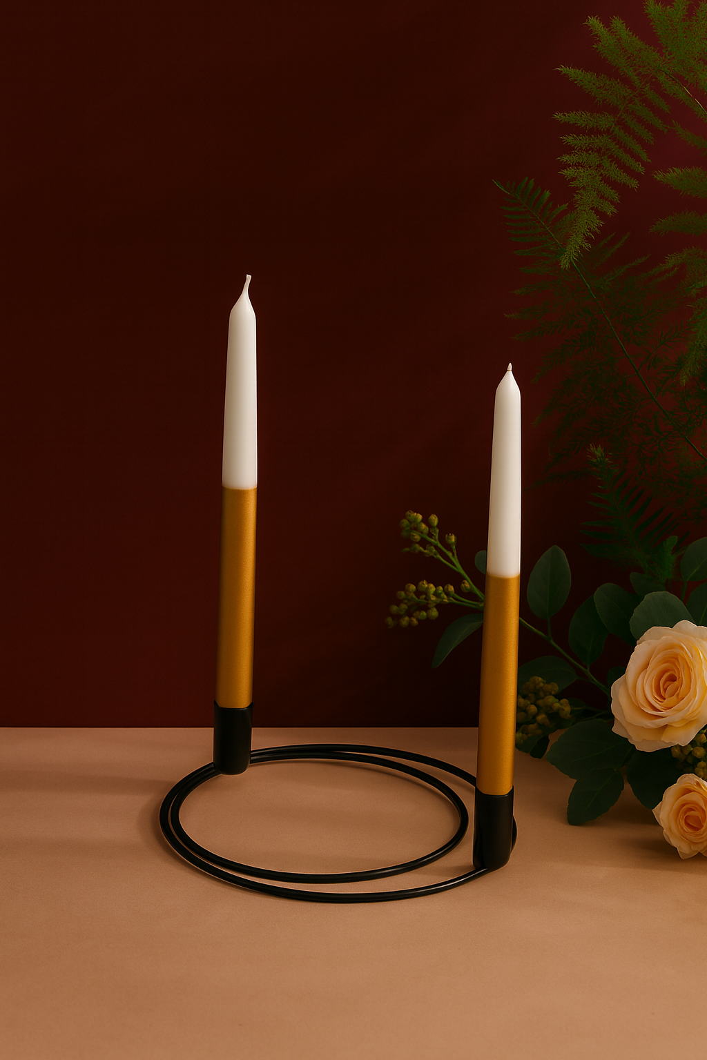 2'li Dekoratif Siyah Metal Halka Şamdan Mumluk İnce Uzun