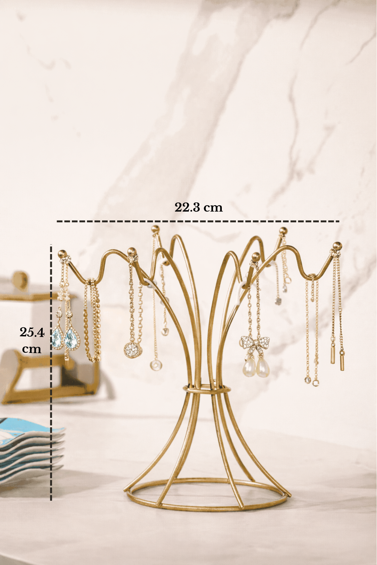 2'li Mat Gold Masaüstü Kozmetik Takı,Parfüm,Havlu Düzenleyici + 6 Kancalı Takı Standı,Kolye Bileklik,Tesbihlik Düzenleyici