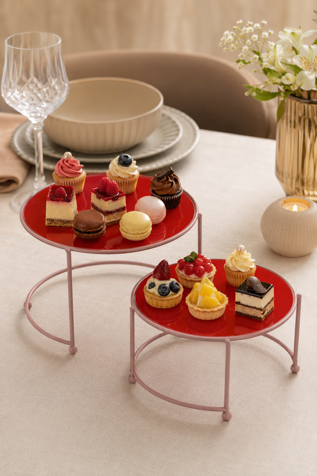 2-Piece Rose Small Metal Serving Platter Red Plexi