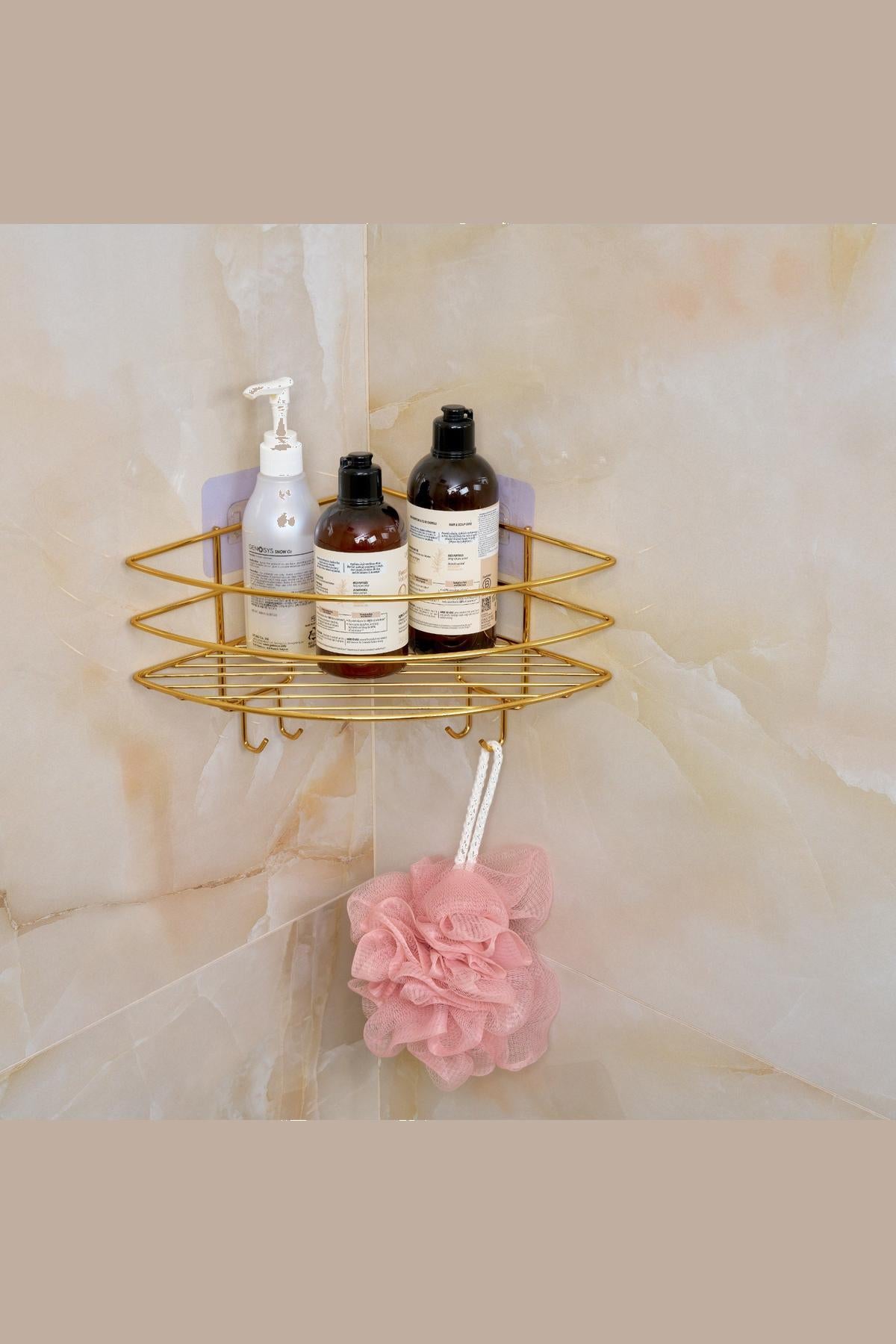 Altın Lüx Köşe Raf Organizer – Yapışkanlı Paslanmaz Metal Banyo Duş Şampuanlık, Çok Amaçlı Raf