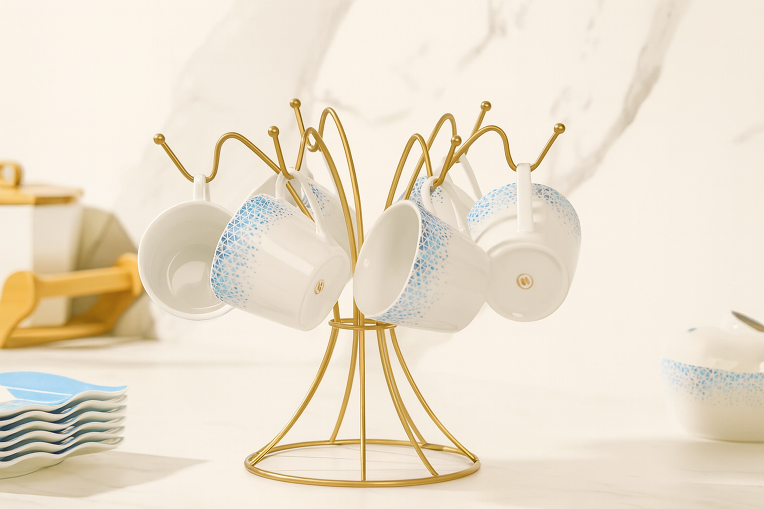 Gold 6 Hooks Cup Rack, Mug, Cup Hooks Kitchen Stove Top Organizer - Metal Stainless Steel