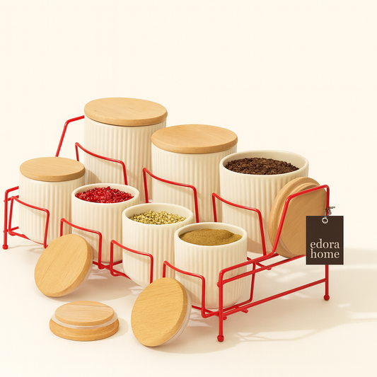 Kırmızı Standlı 7 Bölmeli Porselen Baharat Takımı Mutfak Düzenleyici