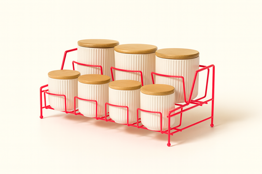 7 Compartment Porcelain Spice Set with Pink Stand Kitchen Organizer with Bamboo Lid - Metal Stainless