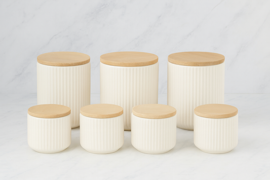 Edora Cream 7 Piece Spice Rack Set, Bamboo Vacuum Lid Jar Set