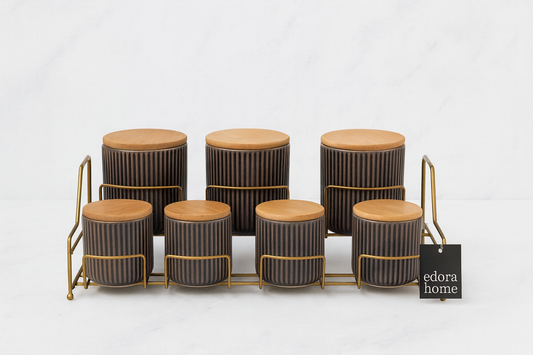 7 Compartment Porcelain Spice Set with Gold Stand Kitchen Organizer with Bamboo Lid - Metal Stainless