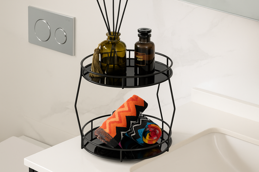 Siyah İki Katlı Parfüm, Takı ve Kozmetik Düzenleyici Şık Banyo Organizeri, Pleksili