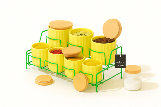 7 Compartment Porcelain Spice Set with Green Stand Kitchen Organizer with Bamboo Lid - Metal Stainless