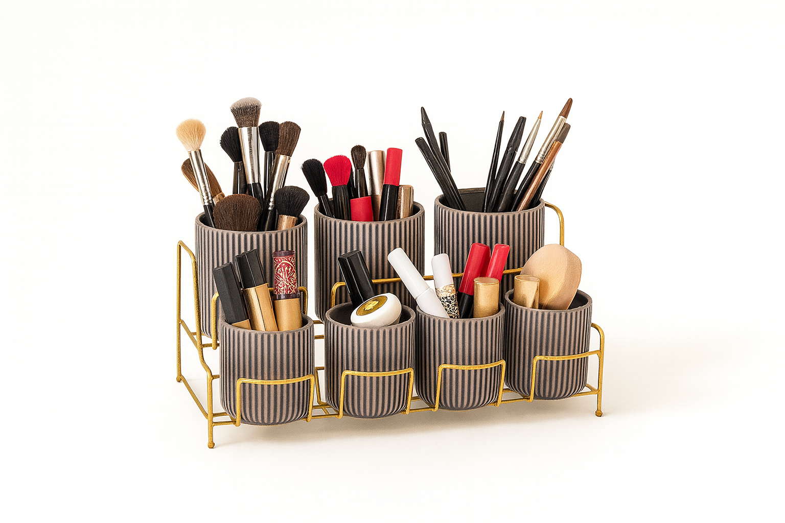 Gold Makeup And Cosmetic Tabletop Organizer, Multipurpose Bathroom Organizer 7 Compartments - Metal Stainless