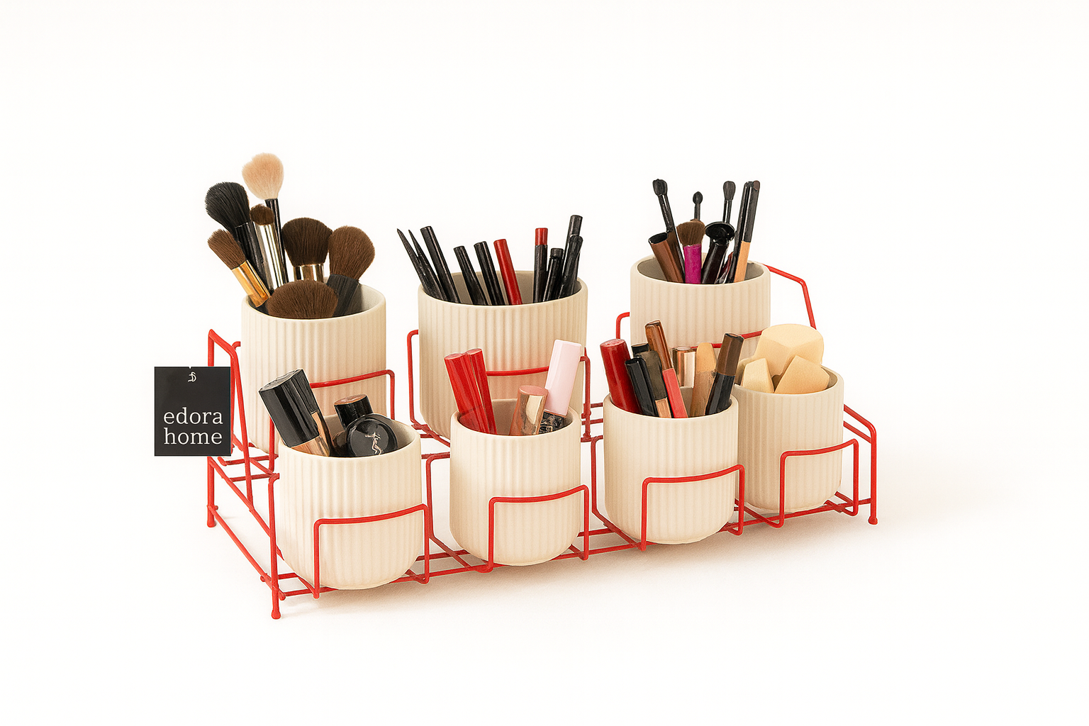 Red Makeup And Cosmetic Desk Organizer, Multipurpose Organizer 7 Compartments - Metal Stainless
