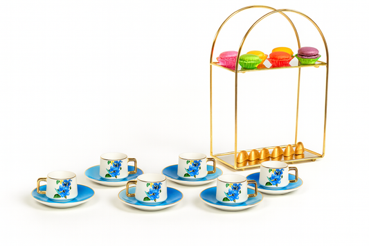 Türk Kahve Fincanı Mavi Çiçek Desenli Altın Kulplu 6 Kişilik 12 Parça