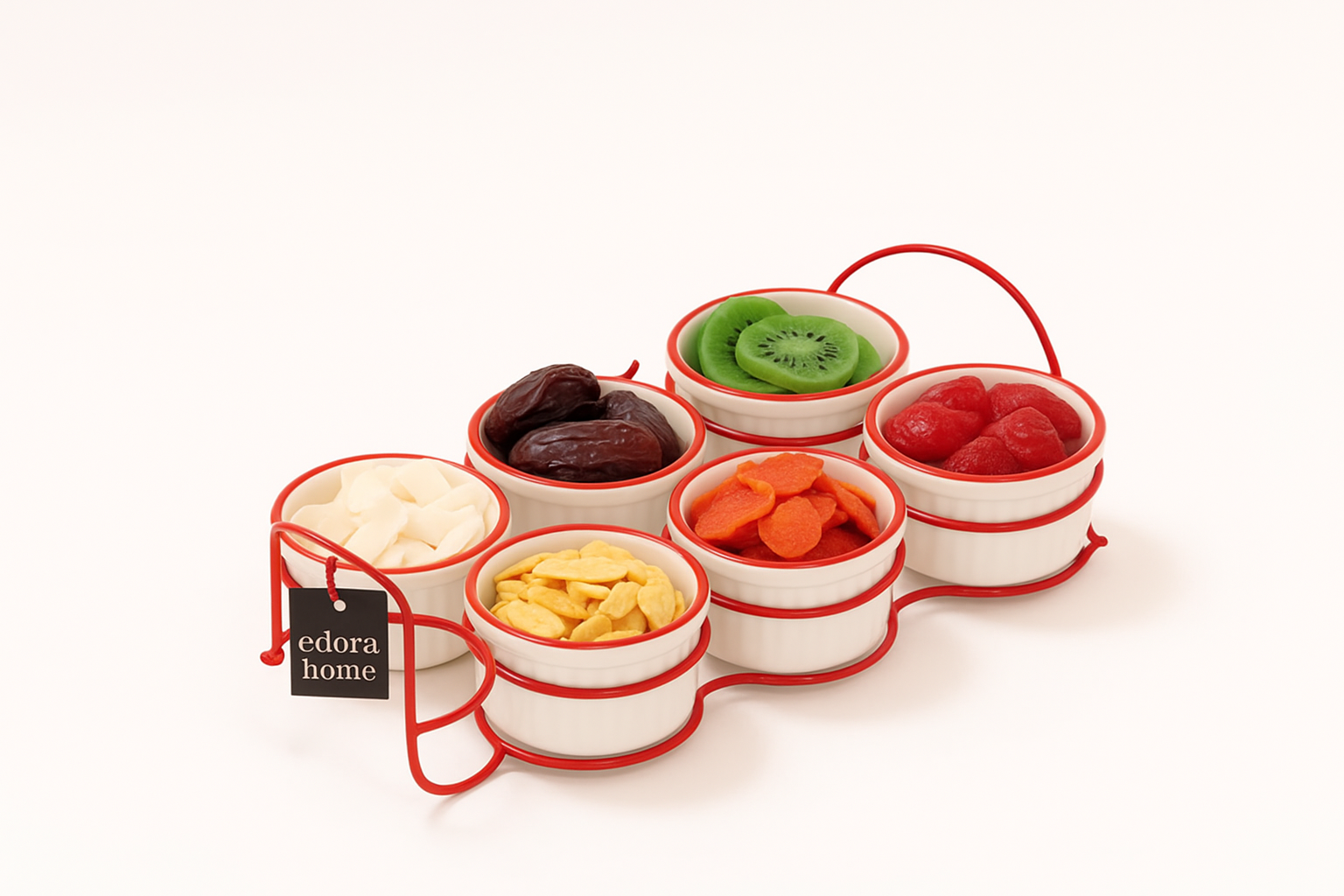 Red Six Compartment Cookie Holder, Sauce Holder, Jam Holder, Presentation Holder, Breakfast I?Kram Set - Metal Stainless