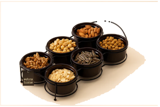 Black Six Compartment Cookie Holder, Sauce Holder, Jam Holder, Presentation Holder, Breakfast Serving Set - Metal Stainless Steel