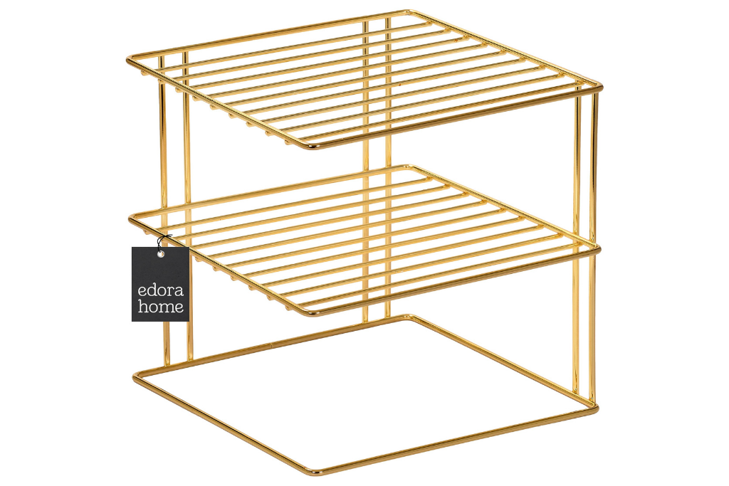 Parlak Altın 3 Katlı Dolap İçi Tabaklık Bardaklık Mutfak Düzenleyici Raf Paslanmaz Metal