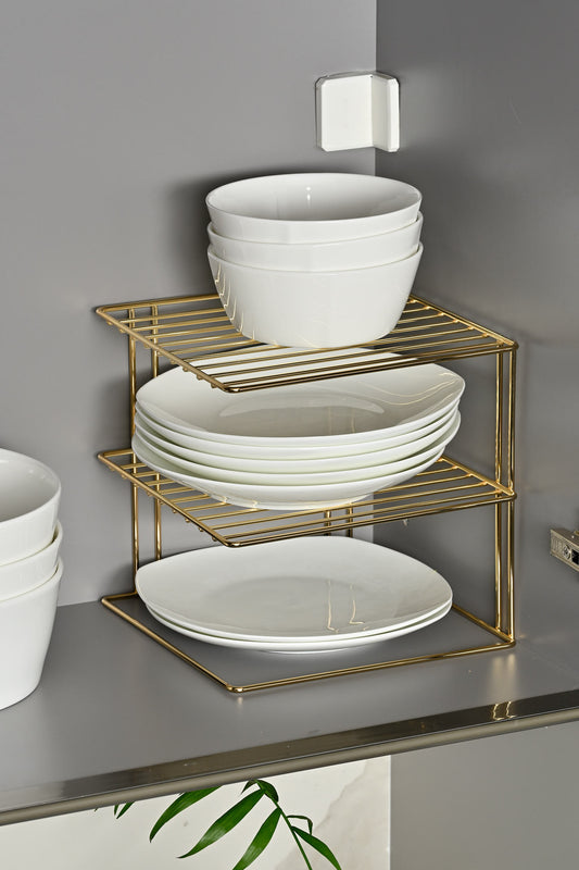 Altın 3 Katlı Dolap Içi Çok Amaçlı Tabak, Bardak, Mutfak Düzenleyici Raf, Tabaklık - Metal Paslanmaz