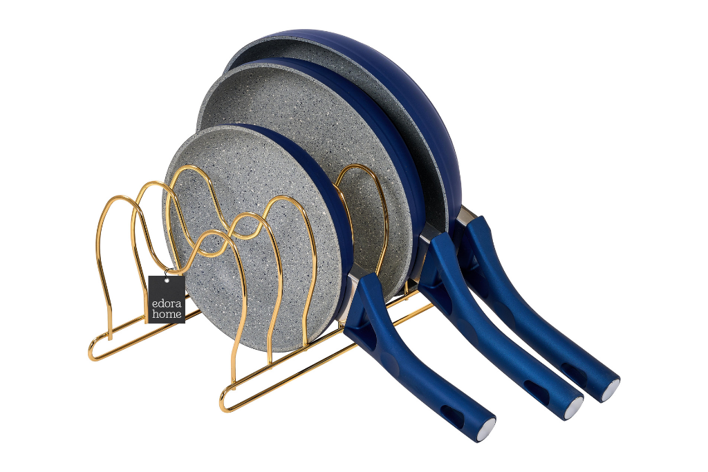 Parlak Altın 6 Bölmeli Tava Tencere Kapak Düzenleyici Çekmece İçi Organizer Paslanmaz Metal