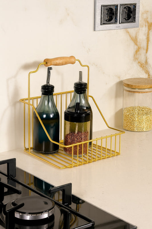 Altın Ahşap Kulplu Retro Sepet, Şık Çok Amaçlı Düzenleyici Organizer