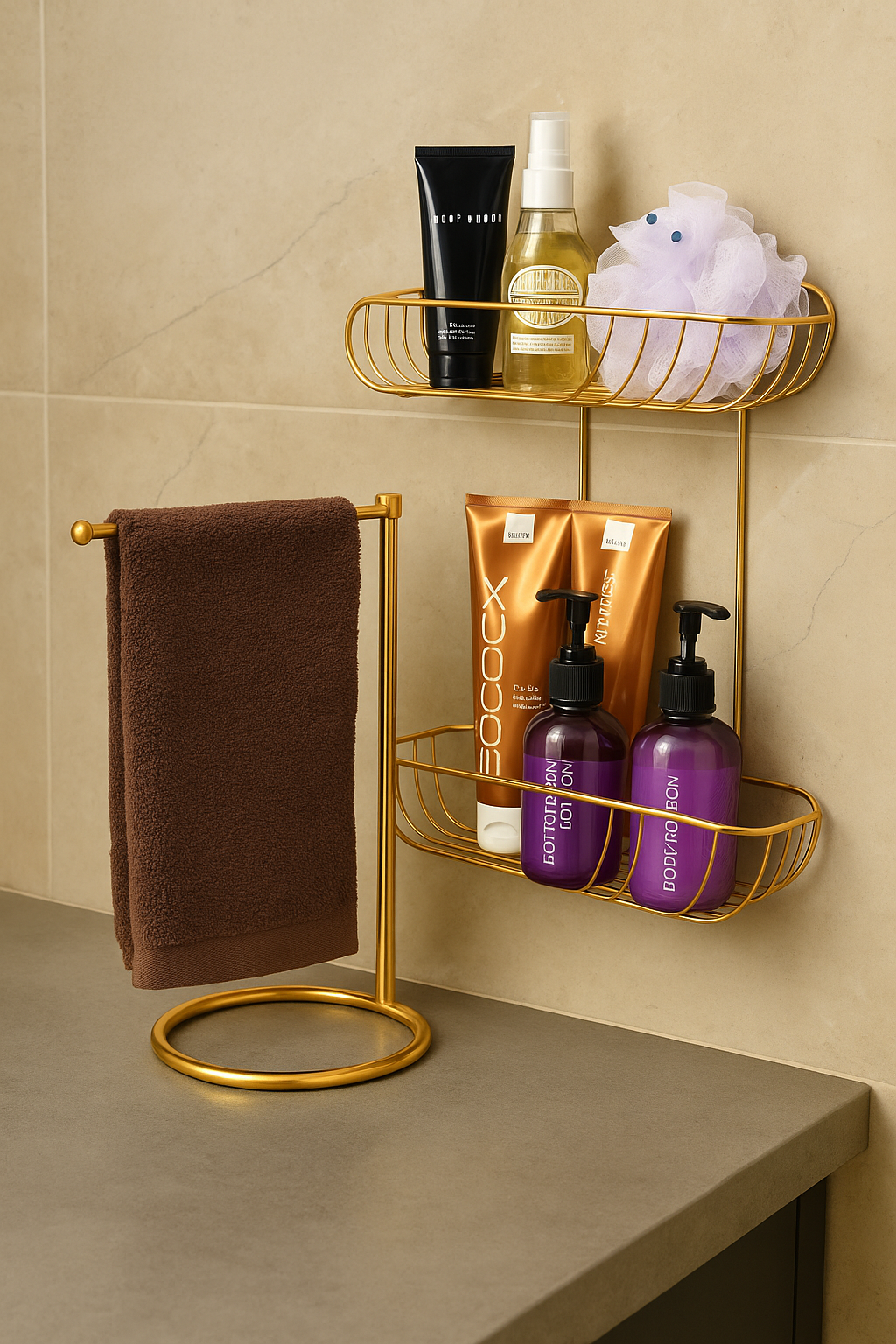 Parlak Altın Banyo Organizer Seti Havlu Askısı 2 Katlı Şampuanlık Raf