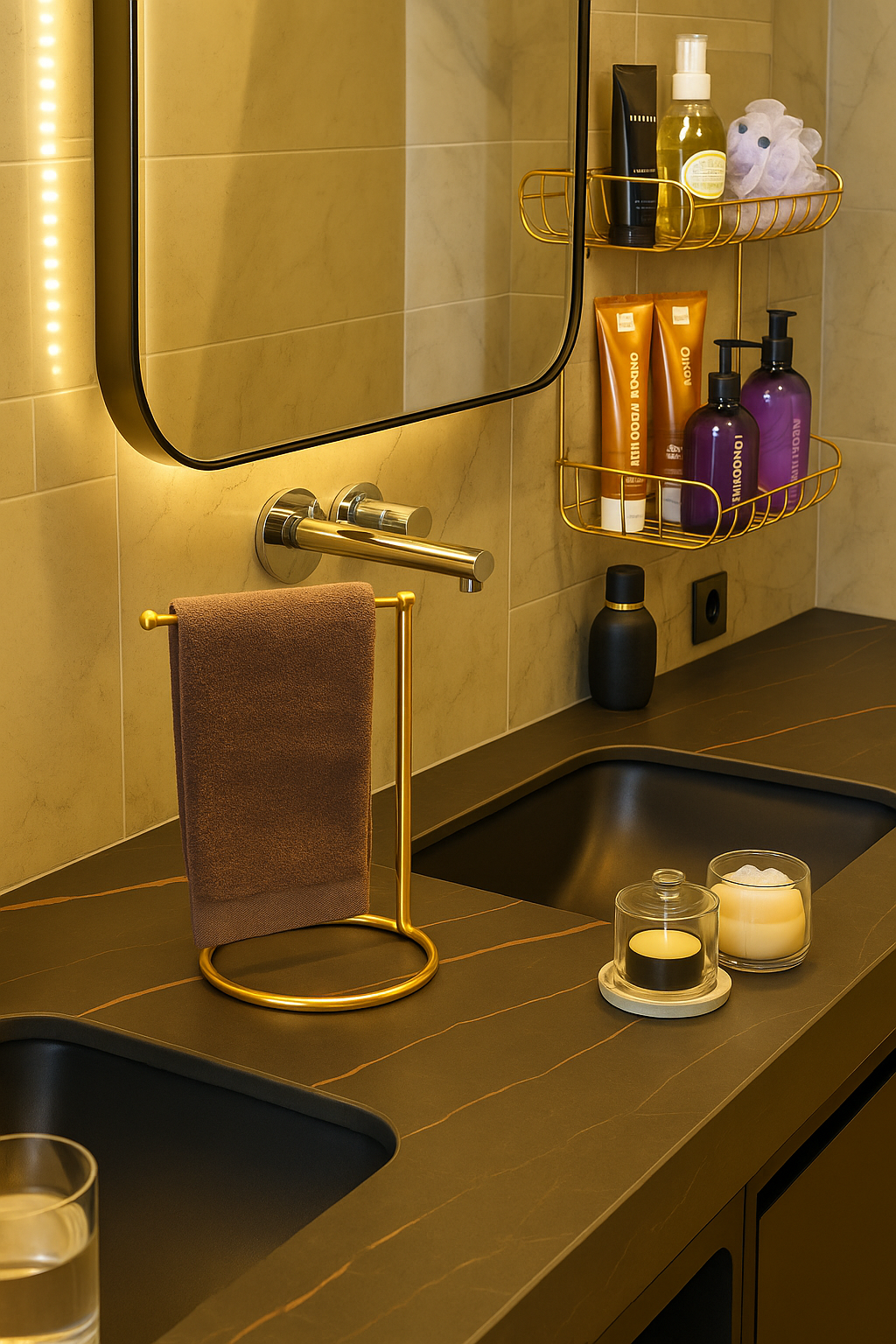 Parlak Altın Banyo Organizer Seti Havlu Askısı 2 Katlı Şampuanlık Raf