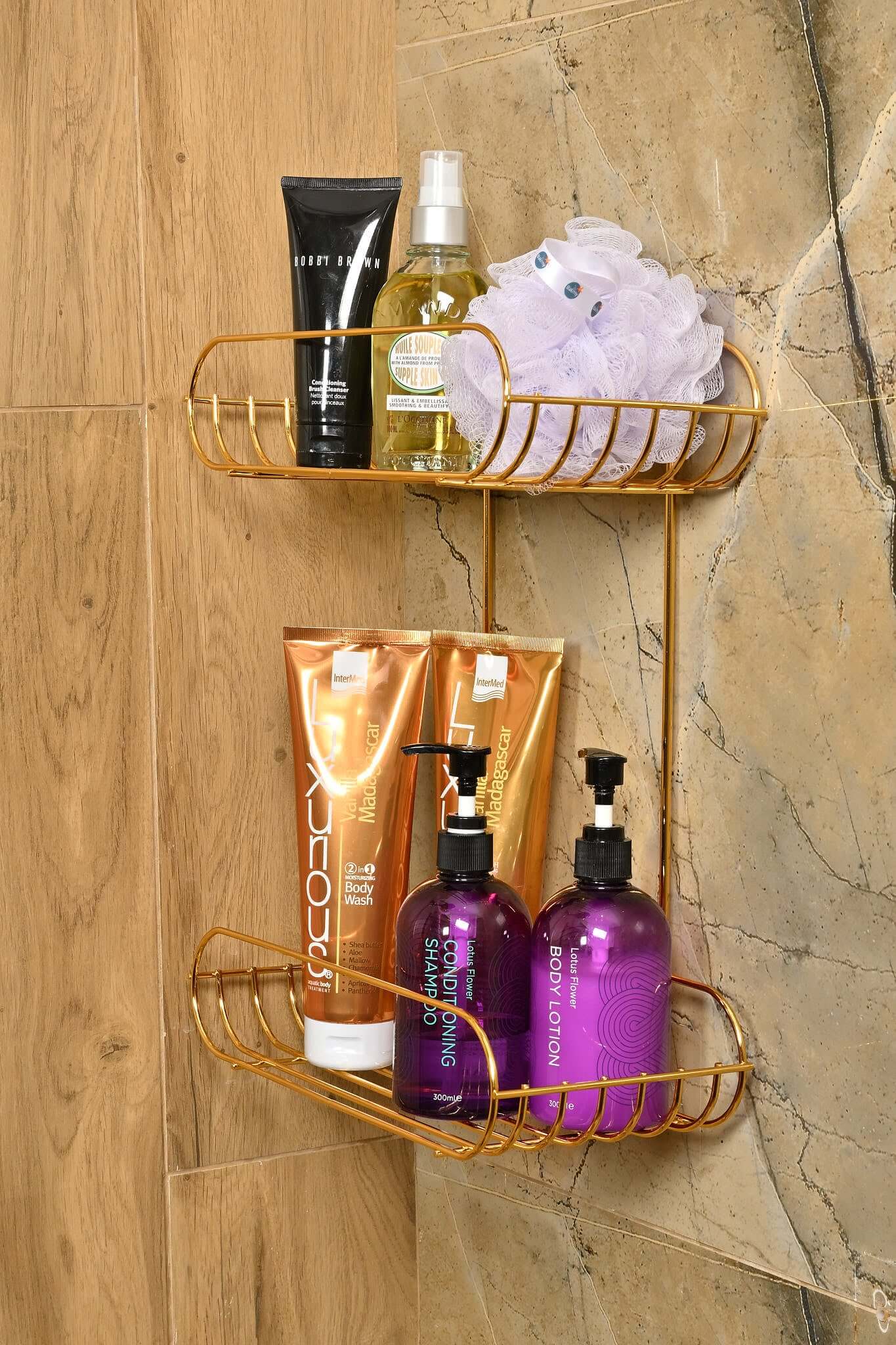 Parlak Altın Banyo Organizer Seti Havlu Askısı 2 Katlı Şampuanlık Raf