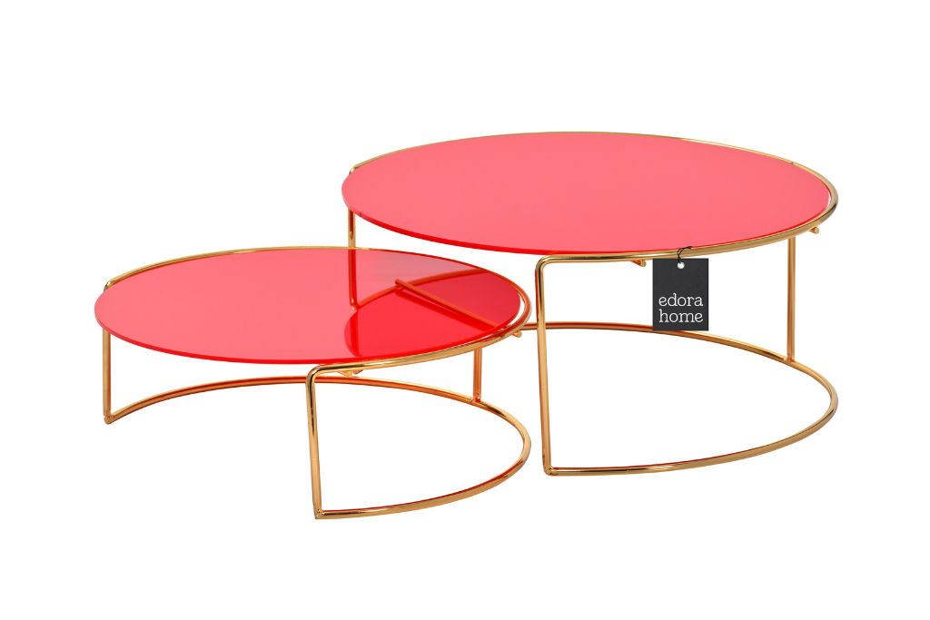 Set of 2 Shiny Gold Large Metal Serving Trays with Red Plexi