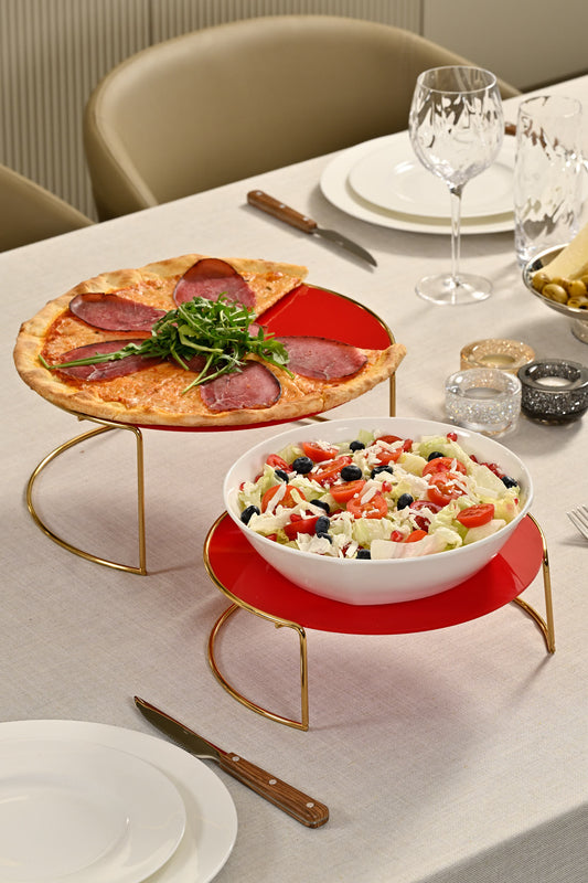 Altın Büyük Boy Sunumluk 2'Li Metal Hediyelik Dekorasyon İkramlık /Kırmızı Pleksi / Paslanmaz