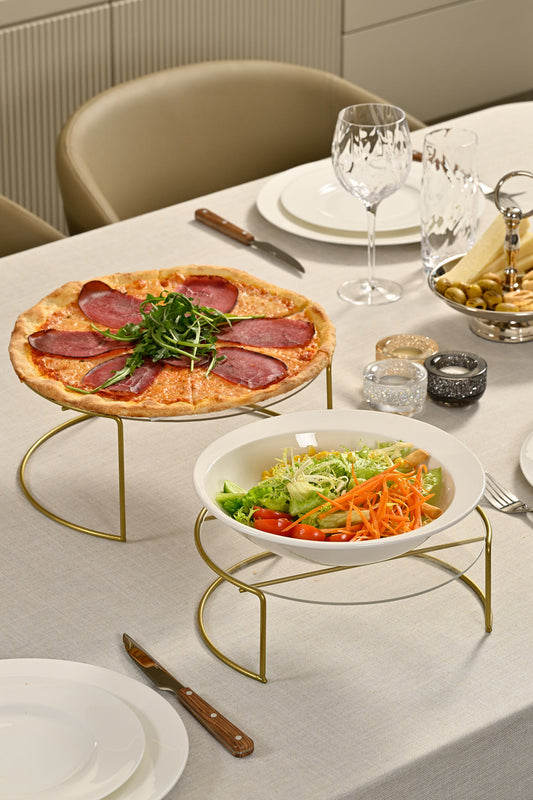 Altın renkli büyük boy 2’li metal sunumluk seti – şeffaf pleksi tabanlı şık ve modern dekoratif ikramlık ürünü