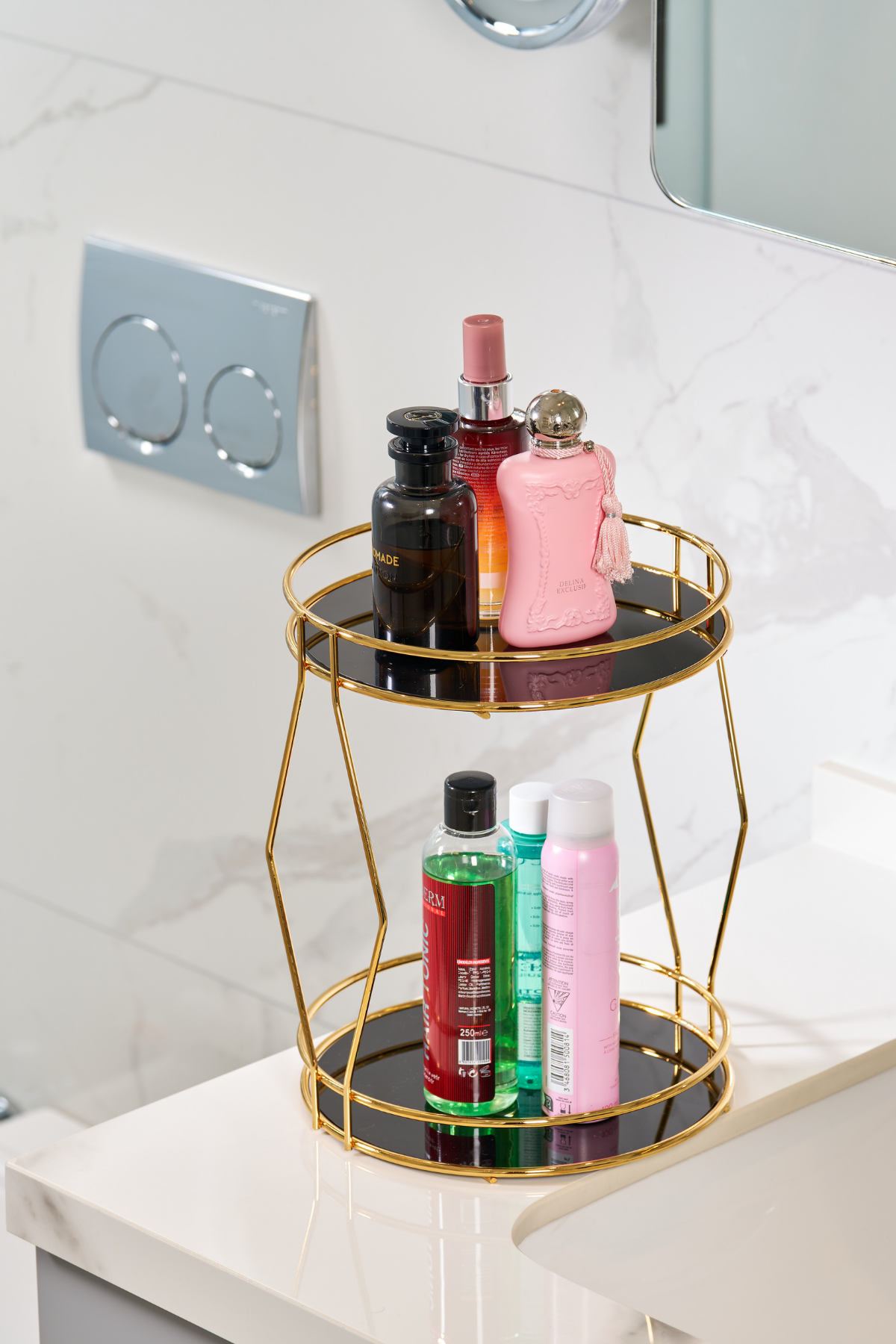 Parlak Altın 2 Katlı Banyo Organizer Takı Parfüm Kozmetik Düzenleyici Pleksili