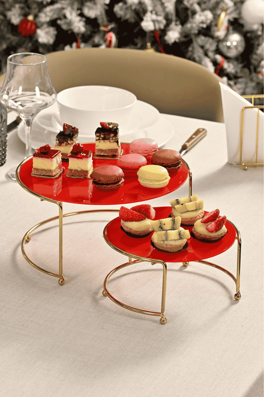 Altın Küçük Boy Sunumluk 2'Li Metal Hediyelik Dekorasyon İkramlık /Kırmızı Pleksi / Paslanmaz