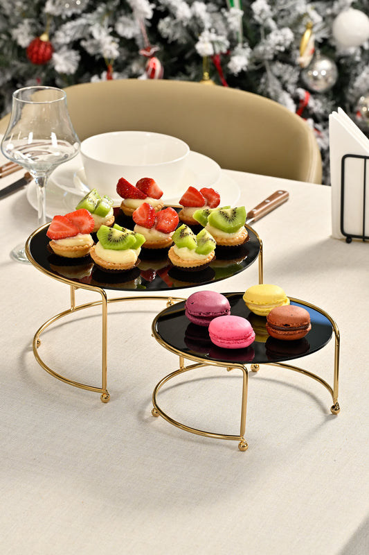 Altın Küçük Boy Sunumluk 2'Li Metal Sunumluk Hediyelik Dekorasyon İkramlık / Siyah Pleksi / Paslanmaz