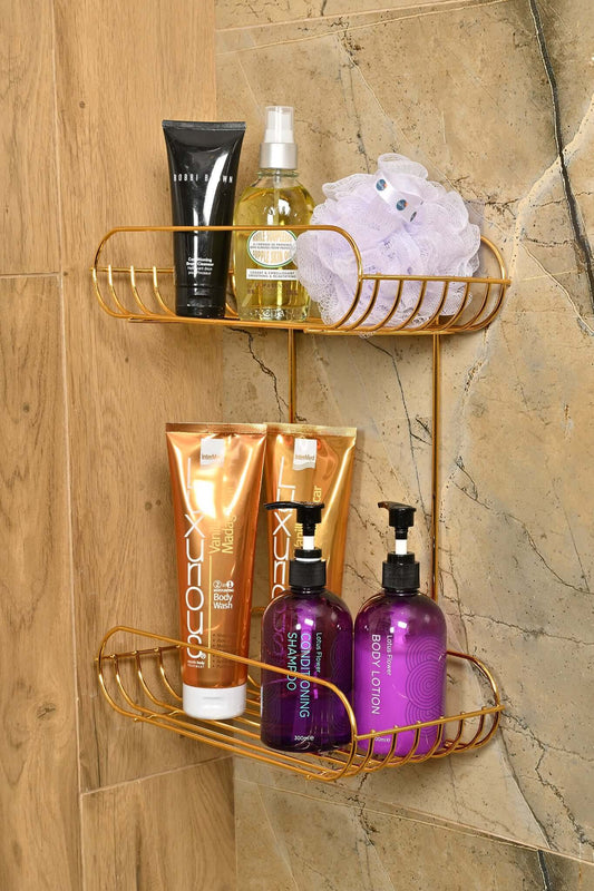 Altın renkli, iki katlı köşe sabunluk ve şampuanlık – paslanmaz metal banyo rafı