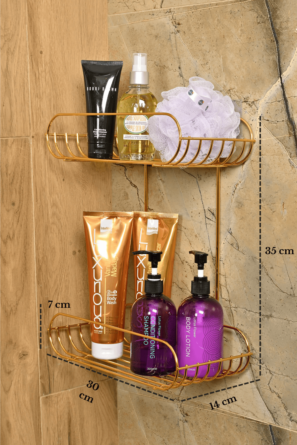 Parlak Altın 2 Katlı Sabunluk Şampuanlık Banyo Köşeliği Paslanmaz Metal