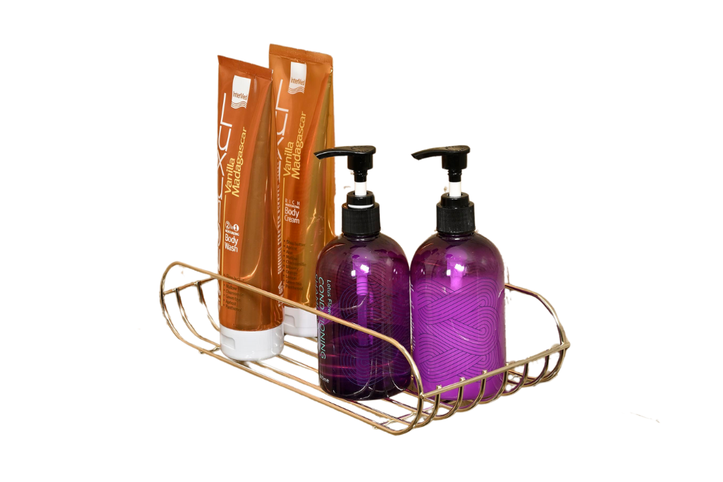 Glossy Gold Oval Soap Shampoo Dispenser Bathroom Shelf Stainless Metal