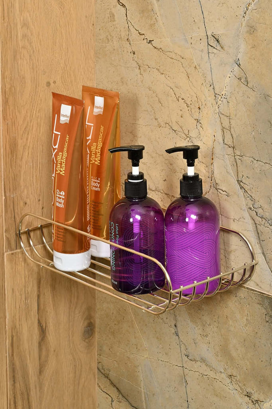 Altın renkli oval köşeli metal sabunluk ve şampuanlık – paslanmaz çelik banyo rafı