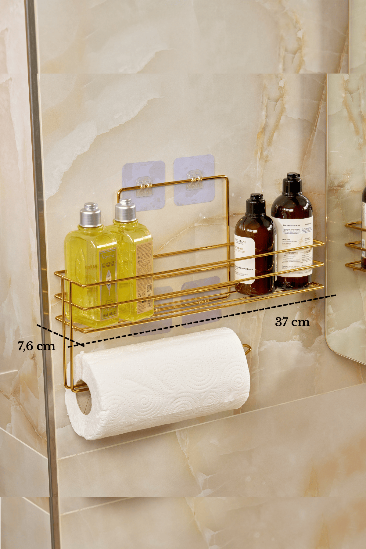 Parlak Altın Modern Banyo Rafı Yapışkanlı Duş Organizer Kağıt Havluluk
