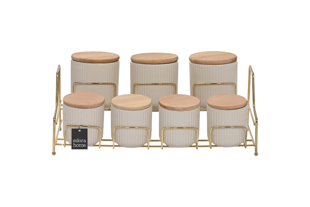 7-Compartment Porcelain Spice Jar Set with Bamboo Lids, Gold Stand, Kitchen Organizer