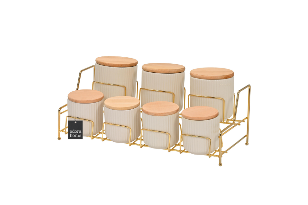 7-Compartment Porcelain Spice Jar Set with Bamboo Lids, Gold Stand, Kitchen Organizer