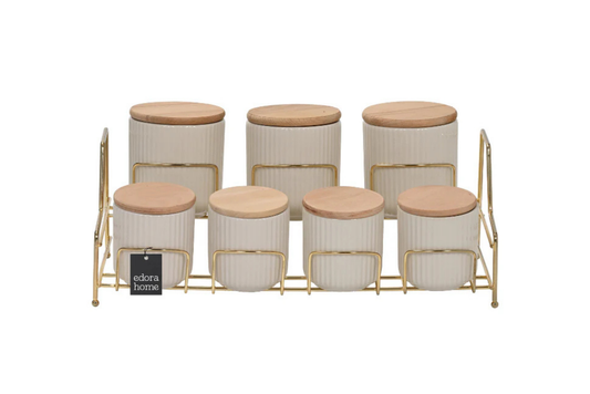 Altın Standlı 7 Bölmeli Porselen Baharat Takımı Bambu Kapaklı Mutfak Düzenleyici - Metal Paslanmaz