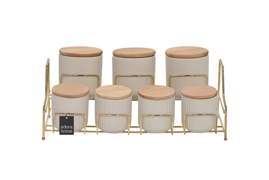 7-Compartment Porcelain Spice Jar Set with Bamboo Lids, Gold Stand, Kitchen Organizer