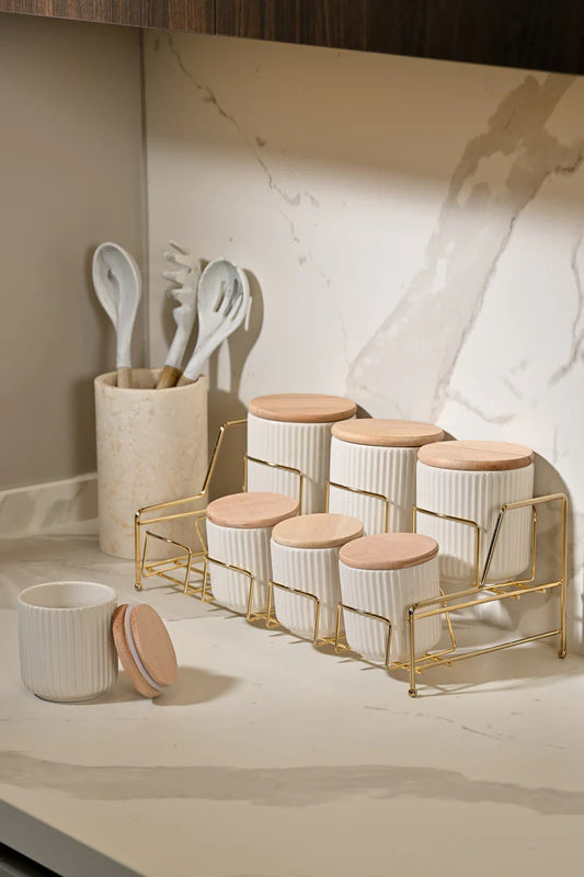 Altın Standlı 7 Bölmeli Porselen Baharat Takımı Bambu Kapaklı Mutfak Düzenleyici - Metal Paslanmaz