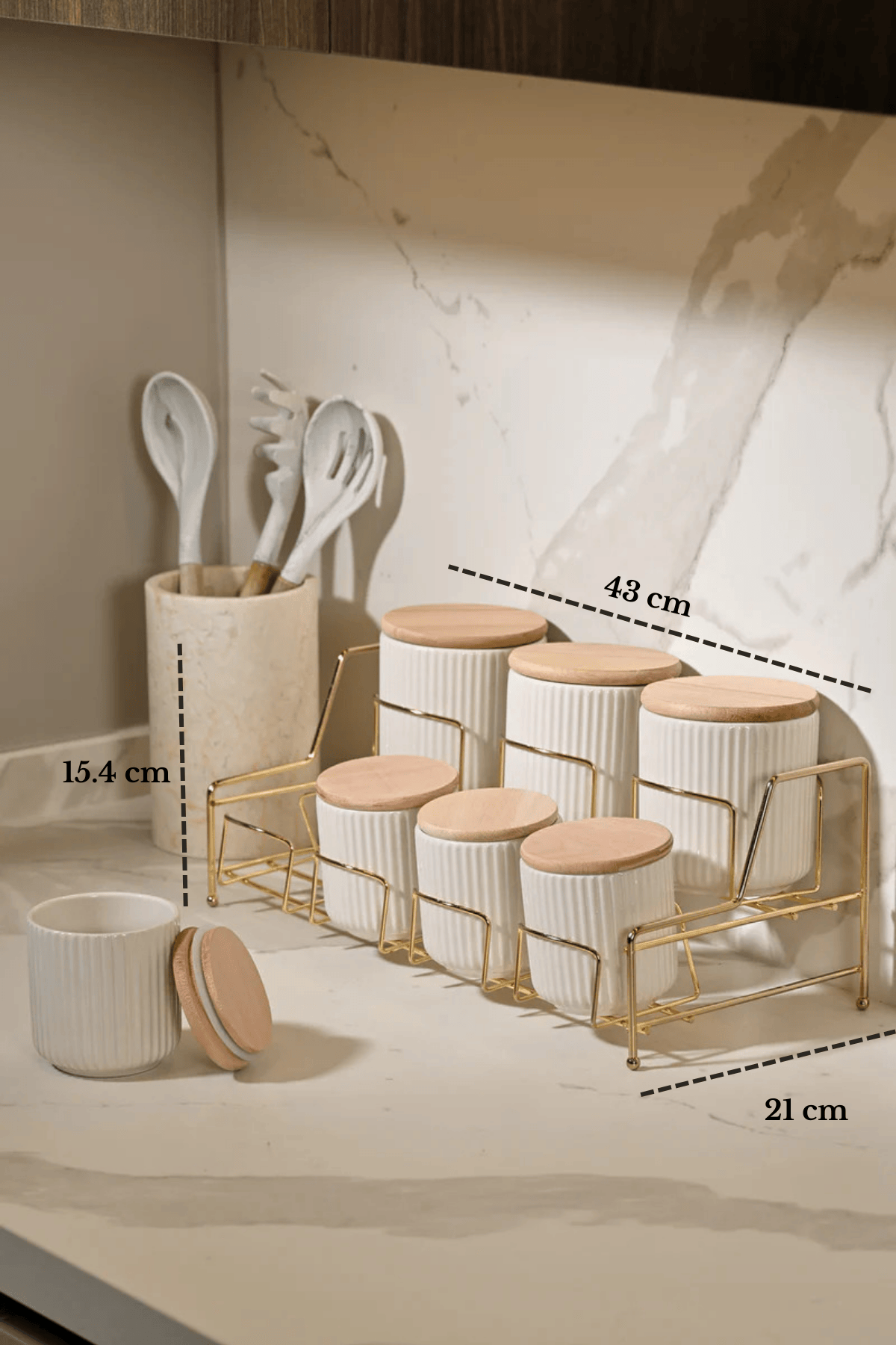 7-Compartment Porcelain Spice Jar Set with Bamboo Lids, Gold Stand, Kitchen Organizer