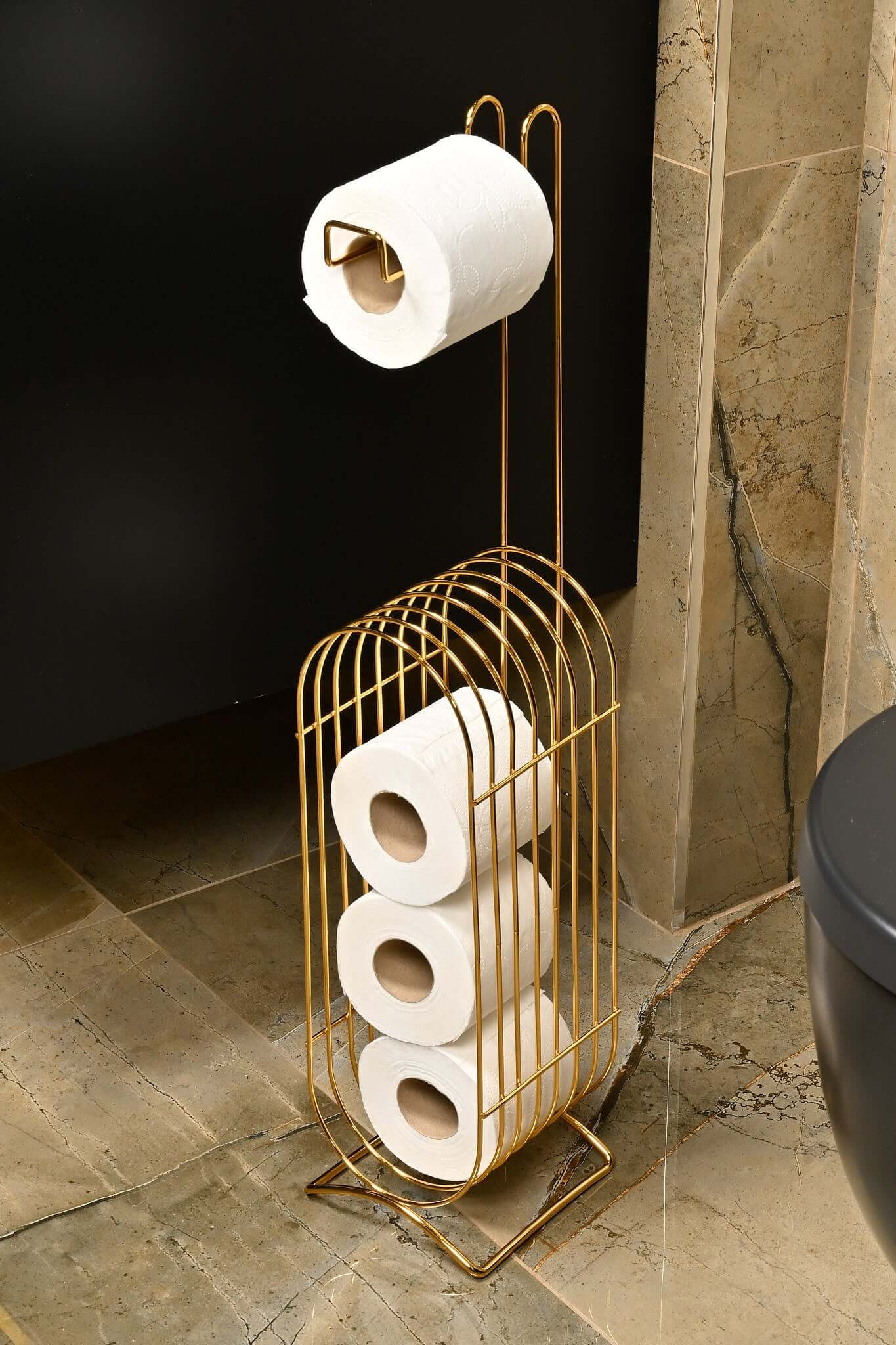 Modern banyolar için şık altın metal WC kağıtlık ve yedek rulo bölmesi