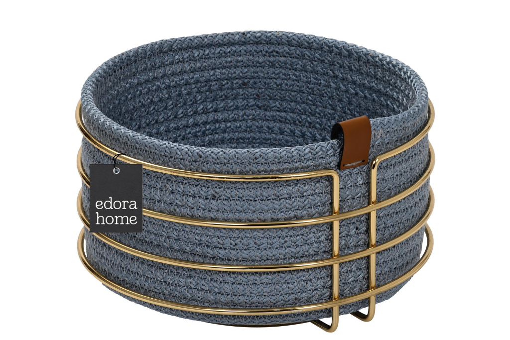 Altın Yuvarlak Ekmek Sepeti Şık,Ekmeklik Açık Mavi Hasır Örmeli Makrome-Çok Amaçlı Metal Paslanmaz