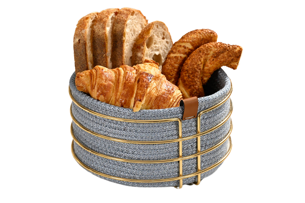 Altın Yuvarlak Ekmek Sepeti Şık,Ekmeklik Açık Mavi Hasır Örmeli Makrome-Çok Amaçlı Metal Paslanmaz