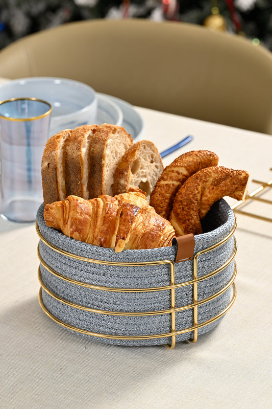 Altın Yuvarlak Ekmek Sepeti Şık,Ekmeklik Açık Mavi Hasır Örmeli Makrome-Çok Amaçlı Metal Paslanmaz