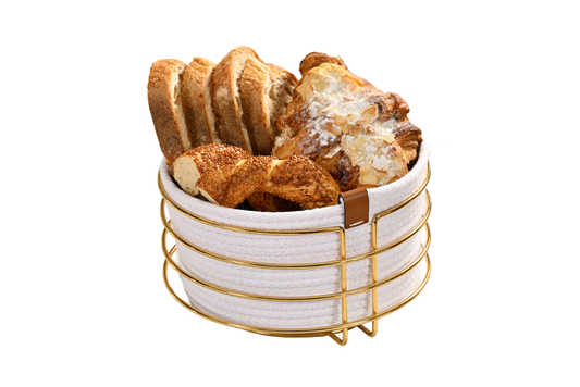 Altın Yuvarlak Ekmek Sepeti Şık,Ekmeklik Beyaz Hasır Örmeli Makrome-Çok Amaçlı Metal Paslanmaz