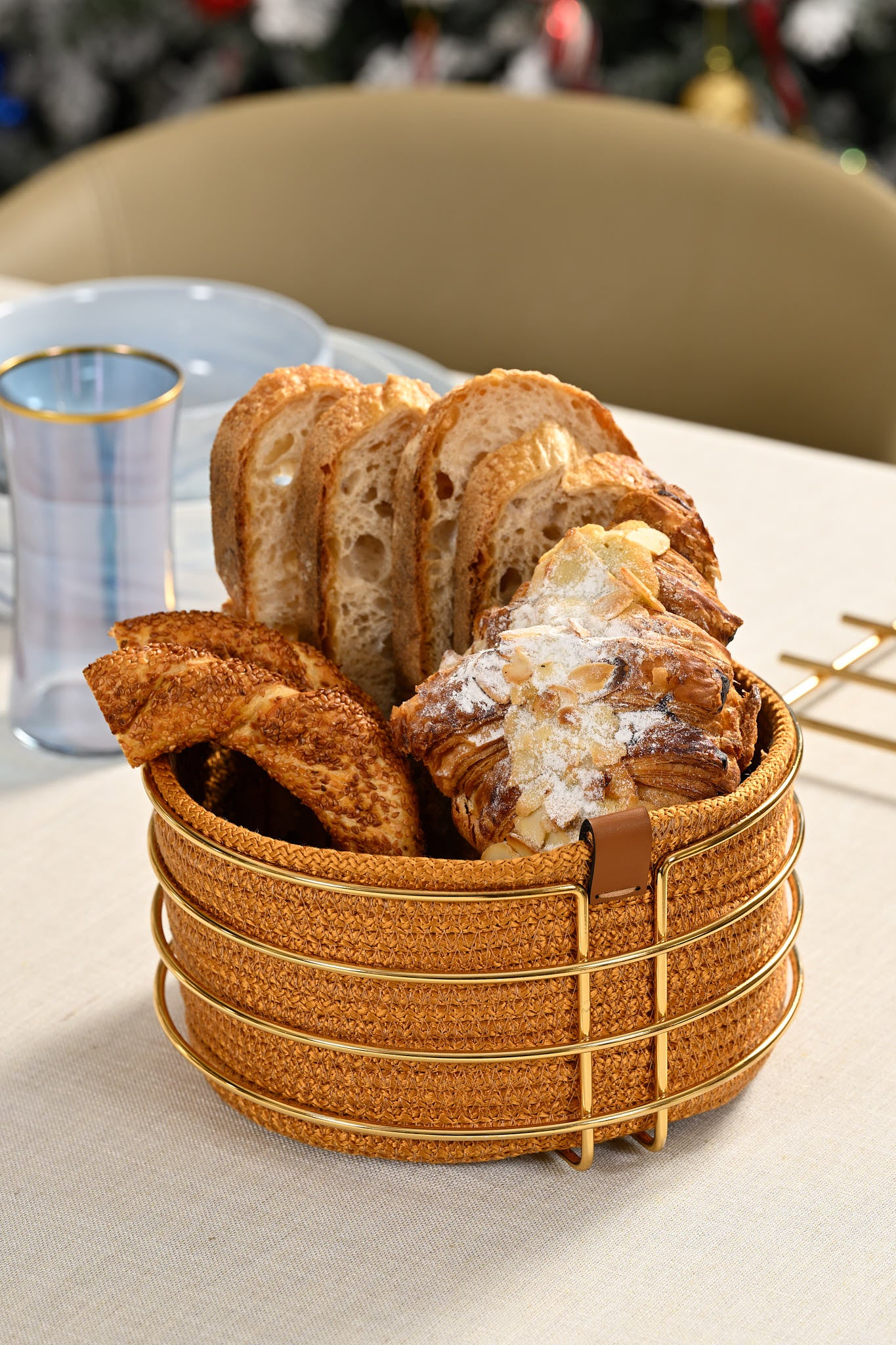 Altın Yuvarlak Ekmek Sepeti Şık,Ekmeklik Kahve Hasır Örmeli Makrome-Çok Amaçlı Metal Paslanmaz