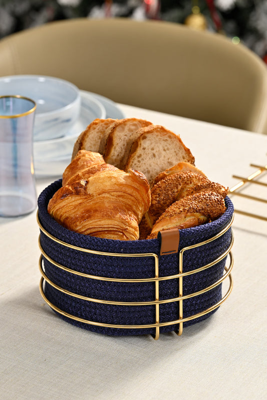 Altın Yuvarlak Ekmek Sepeti Şık,Ekmeklik Lacivert Hasır Örmeli Makrome-Çok Amaçlı Metal Paslanmaz