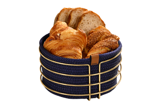Altın Yuvarlak Ekmek Sepeti Şık,Ekmeklik Lacivert Hasır Örmeli Makrome-Çok Amaçlı Metal Paslanmaz