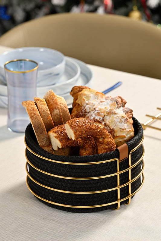 Altın Yuvarlak Ekmek Sepeti Şık,Ekmeklik Siyah Hasır Örmeli Makrome-Çok Amaçlı Metal Paslanmaz