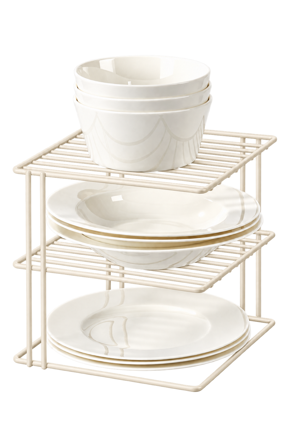 Beige 3-Tier Plate and Glass Organizer Rack for Cabinets, Stainless Metal Kitchen Organizer